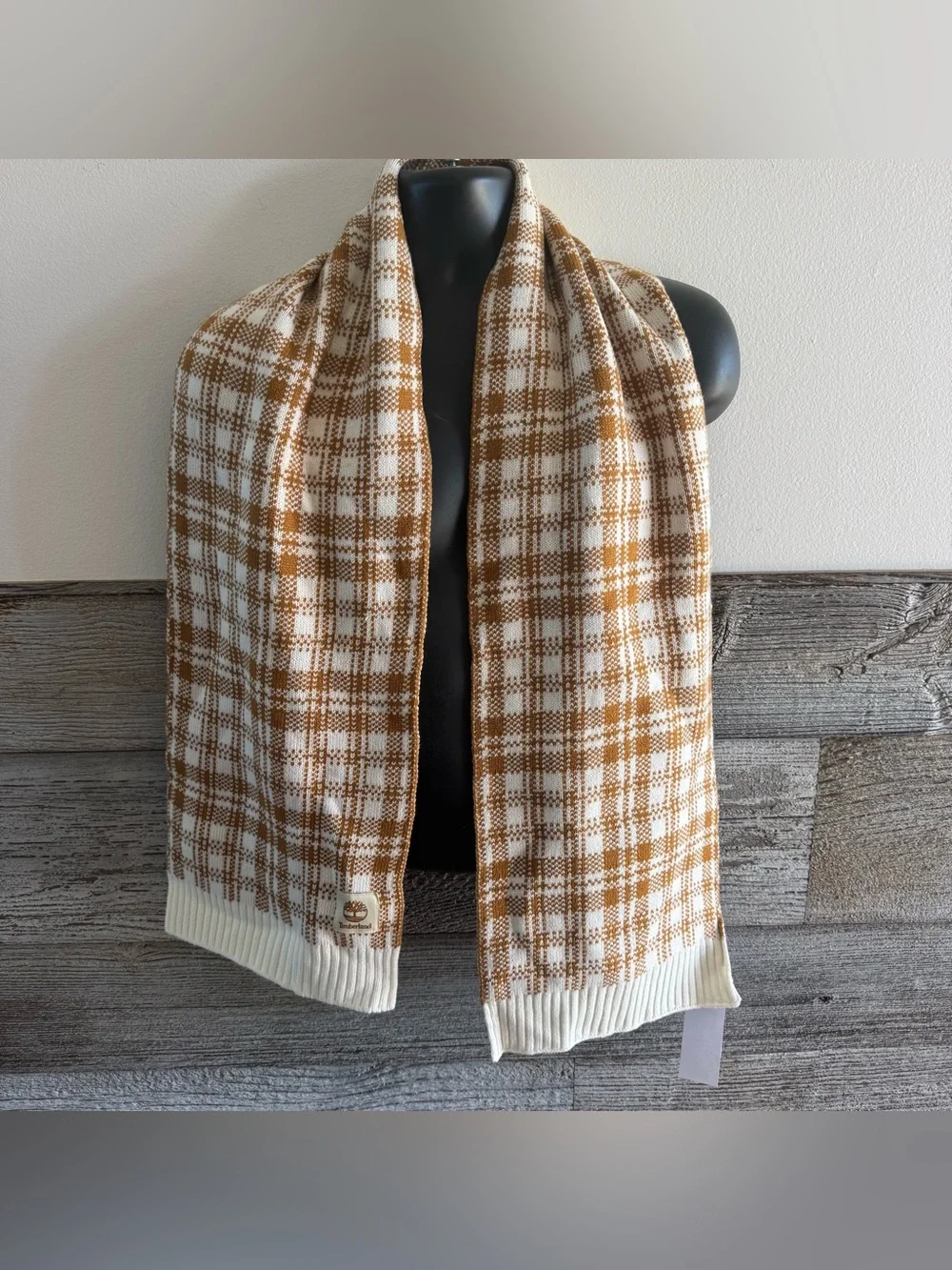 Timberland Mustard Cream Plaid Knit Scarf Unisex Winter Acrylic OS MSRP $60 NWT
